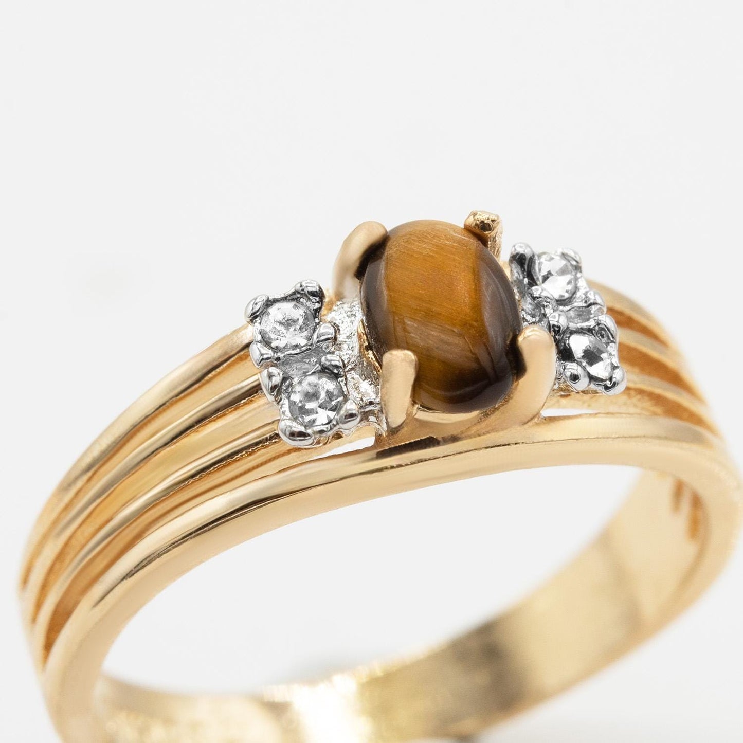 Vintage 1980s Genuine Tiger Eye Ring with Austrian Crystals – 18kt Yellow Gold Electroplated jewelry image 1