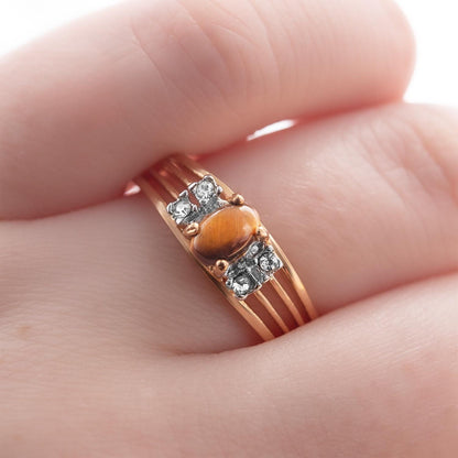 Vintage 1980s Genuine Tiger Eye Ring with Austrian Crystals – 18kt Yellow Gold Electroplated jewelry image 1