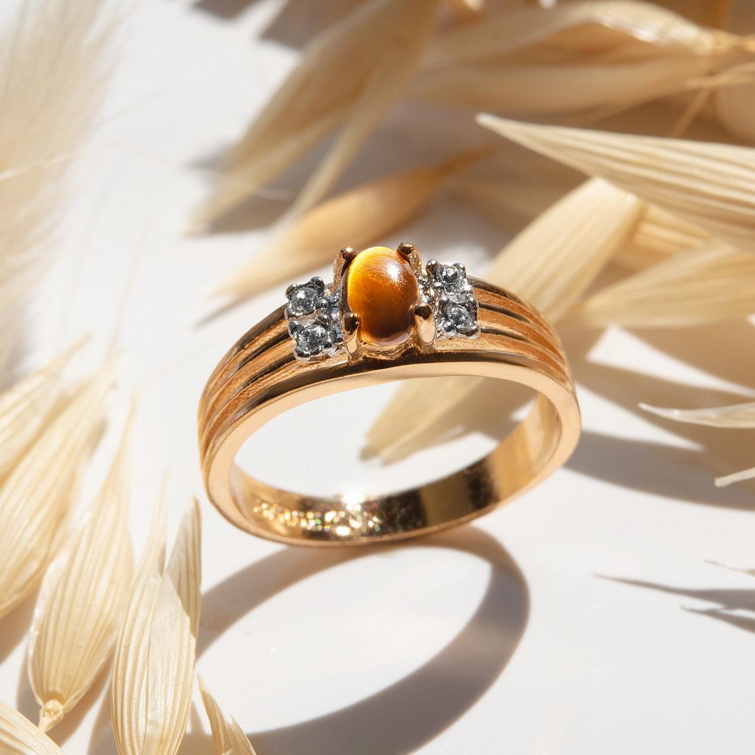 Vintage 1980s Genuine Tiger Eye Ring with Austrian Crystals – 18kt Yellow Gold Electroplated jewelry image 1