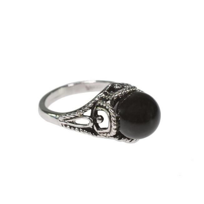 Vintage 1970s Faux Black Pearl Bead Ring – Antiqued 18k White Gold Electroplated Filigree – Made in USA jewelry image 1
