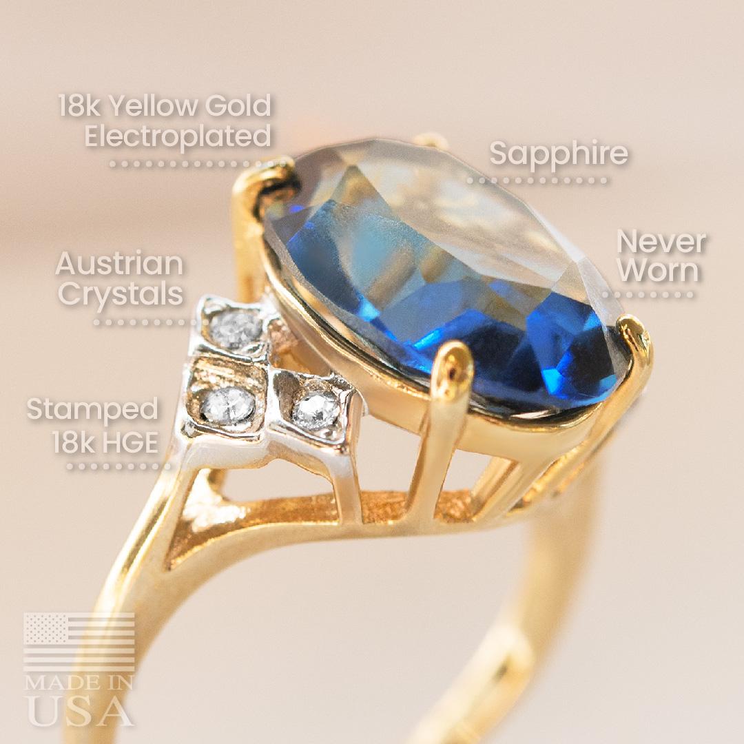Vintage 1970s Sapphire Blue Austrian Crystal Cocktail Ring - 18k Gold Electroplated #R1928 jewelry image 1