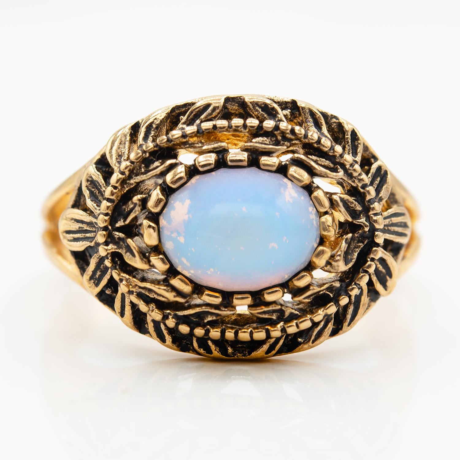 Vintage Pinfire Opal Cocktail Ring – 7x5mm Oval Cut, 18k HGE Gold Electroplated, Made in USA jewelry image 1