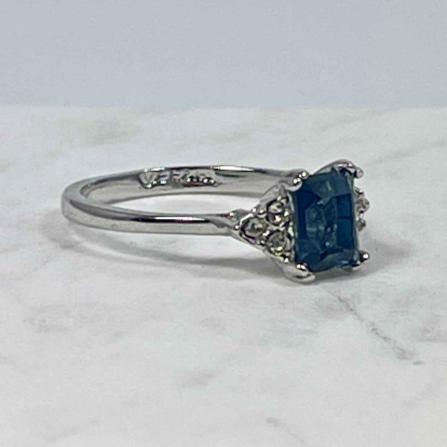 Addison Vintage 1980s Emerald Cut Sapphire & Austrian Crystal Ring - 18k White Gold Electroplated jewelry image 1