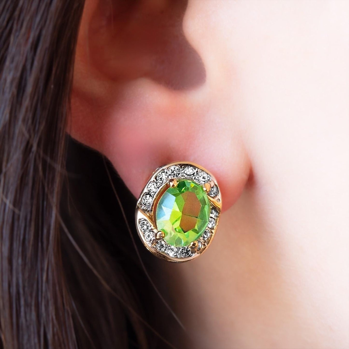 Vintage Austrian Crystal Peridot Green Post Earrings - 18k Gold Electroplated Halo Stud Earrings jewelry image 1
