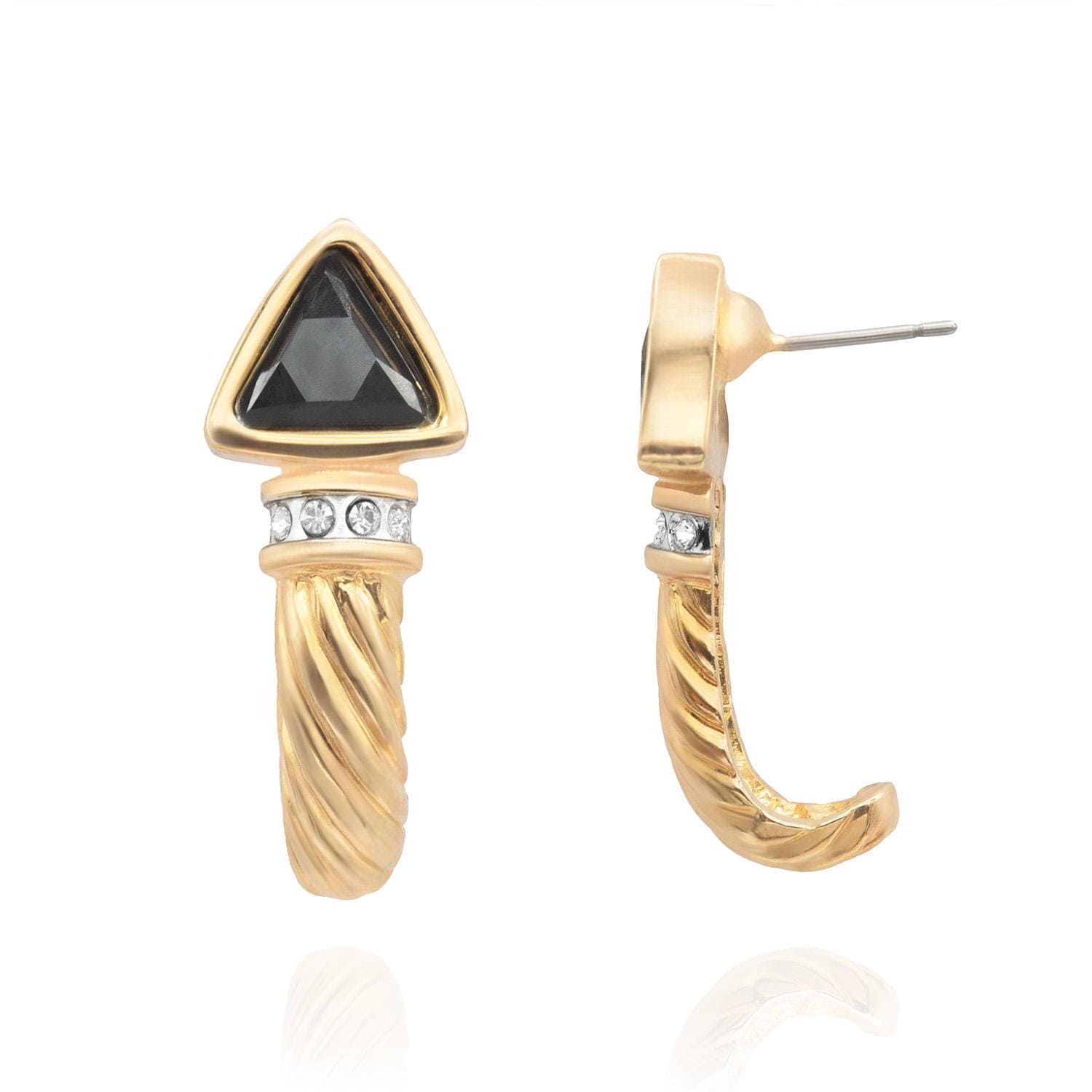 Vintage Austrian Crystal Black Trillion Post Earrings - 18k Gold Electroplated jewelry image 1