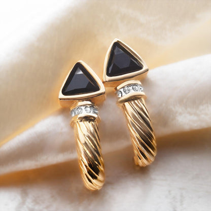 Vintage Austrian Crystal Black Trillion Post Earrings - 18k Gold Electroplated jewelry image 1