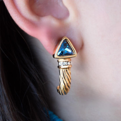 Vintage Austrian Crystal Sapphire Blue Post Earrings - 18k Gold Electroplated jewelry image 1