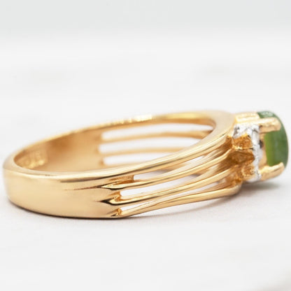 Vintage Genuine Jade Ring with Austrian Crystal Accents - 18kt Yellow Gold Electroplated, Made in USA jewelry image 1