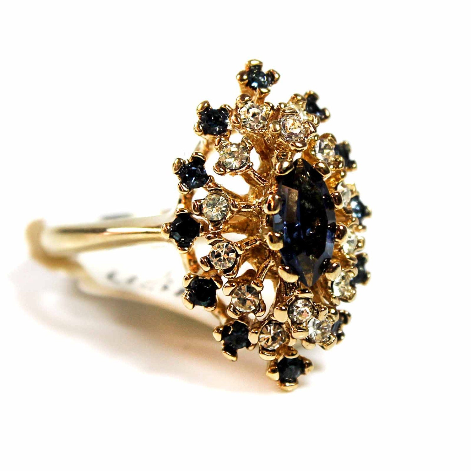 Vintage Sapphire and Clear Austrian Crystal Cocktail Ring – 18k Yellow Gold Electroplated jewelry image 1