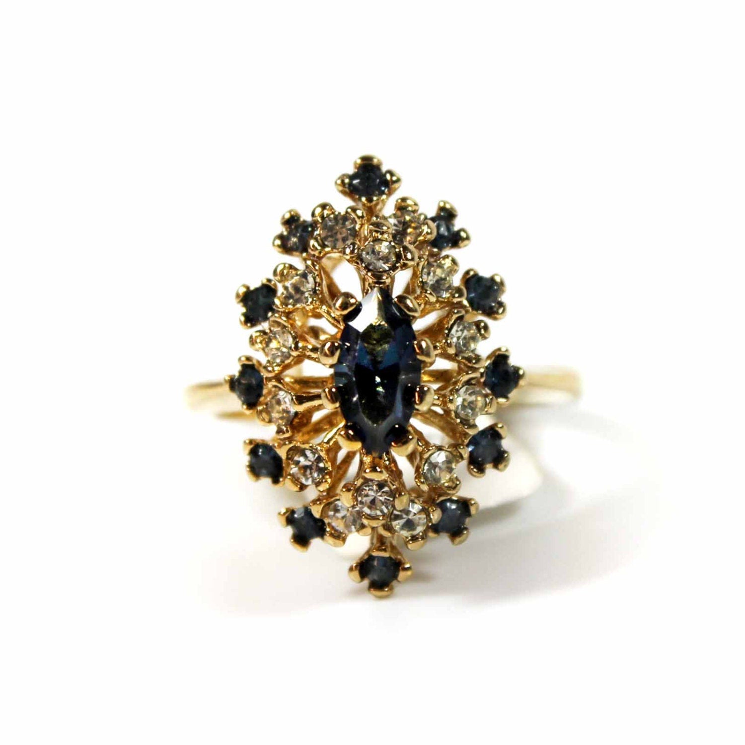 Vintage Sapphire and Clear Austrian Crystal Cocktail Ring – 18k Yellow Gold Electroplated jewelry image 1
