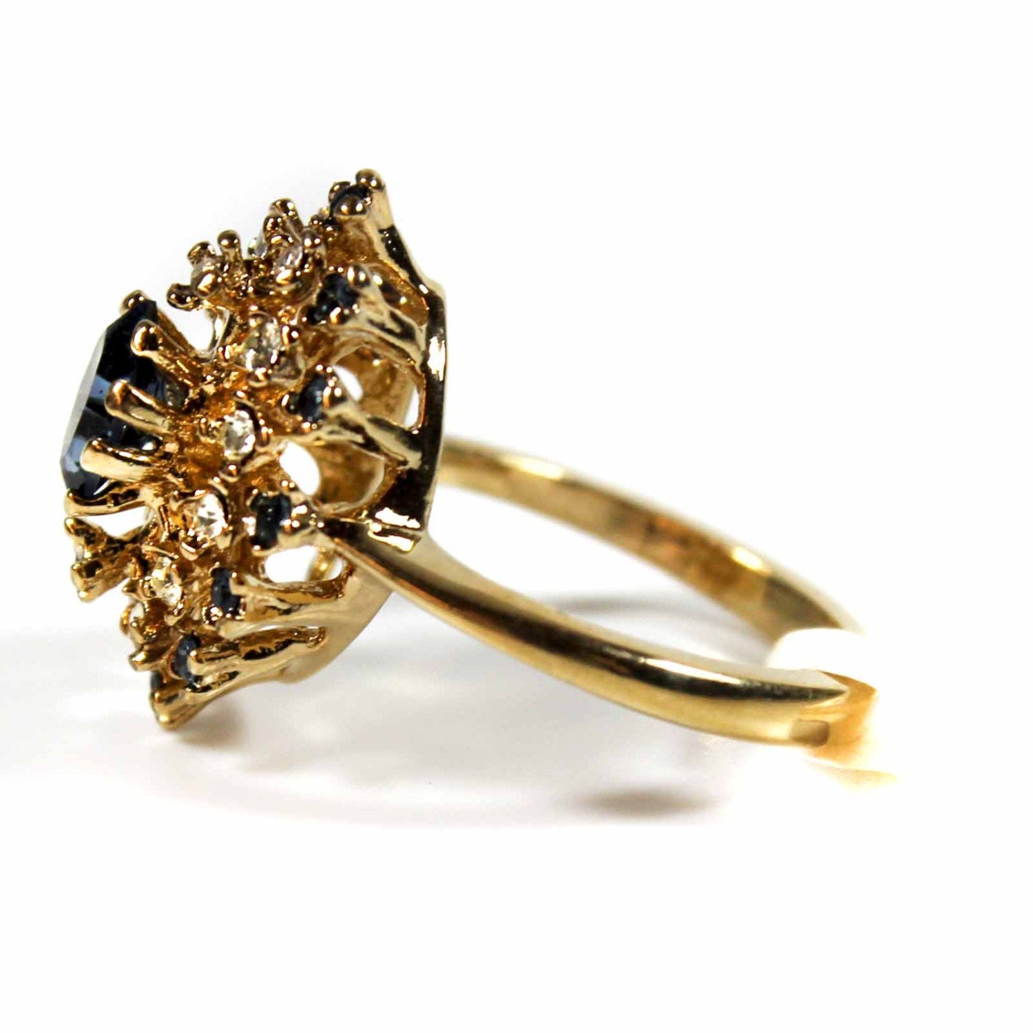 Vintage Sapphire and Clear Austrian Crystal Cocktail Ring – 18k Yellow Gold Electroplated jewelry image 1