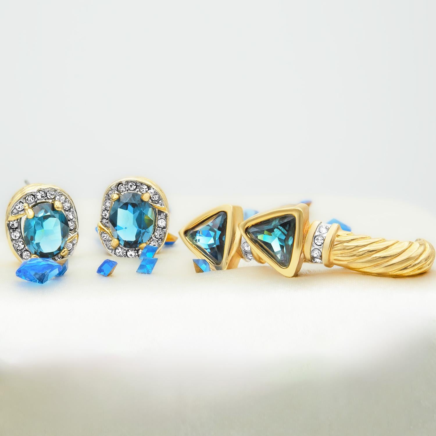 Vintage Austrian Crystal Sapphire Blue Post Earrings - 18k Gold Electroplated jewelry image 1