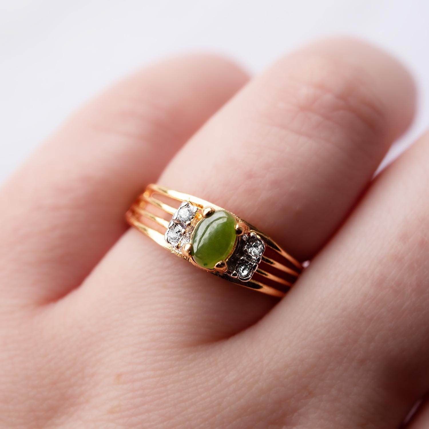 Vintage Genuine Jade Ring with Austrian Crystal Accents - 18kt Yellow Gold Electroplated, Made in USA jewelry image 1