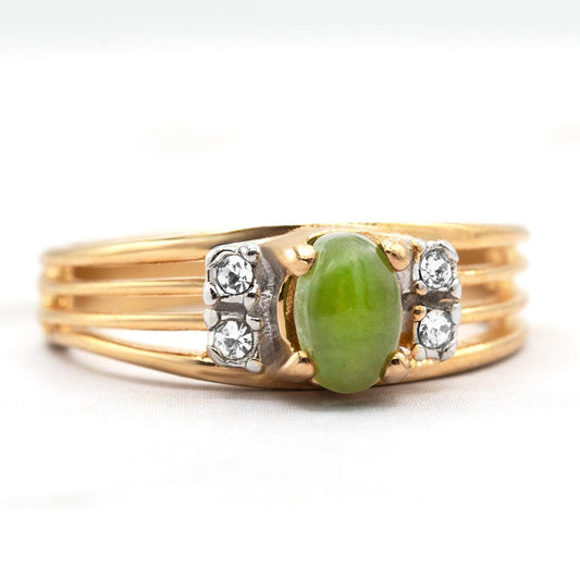 Vintage Genuine Jade Ring with Austrian Crystal Accents - 18kt Yellow Gold Electroplated, Made in USA jewelry image 1