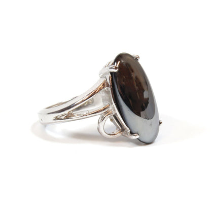 Vintage 1970s Oval Cut Glass Hematite 18K White Gold Electroplated Cocktail Ring - Made in USA jewelry image 1
