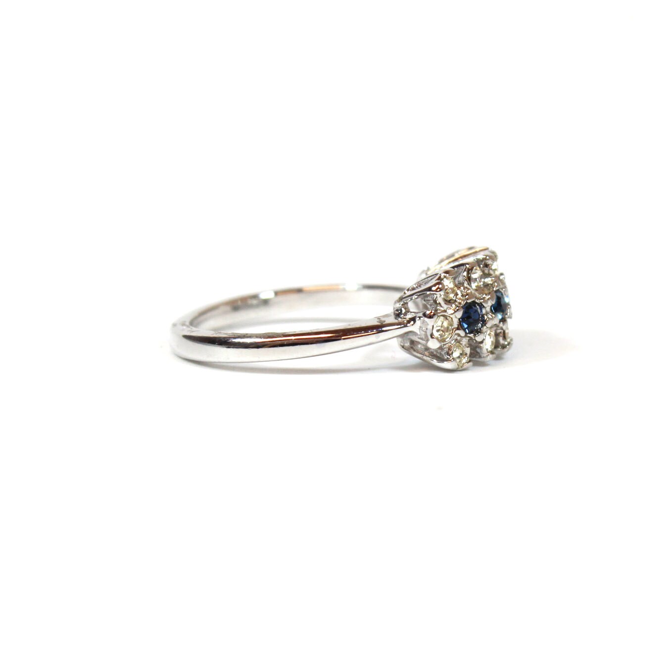 Vintage 1970s Sapphire and Clear Austrian Crystal Cluster Ring - 18k White Gold Plated jewelry image 1