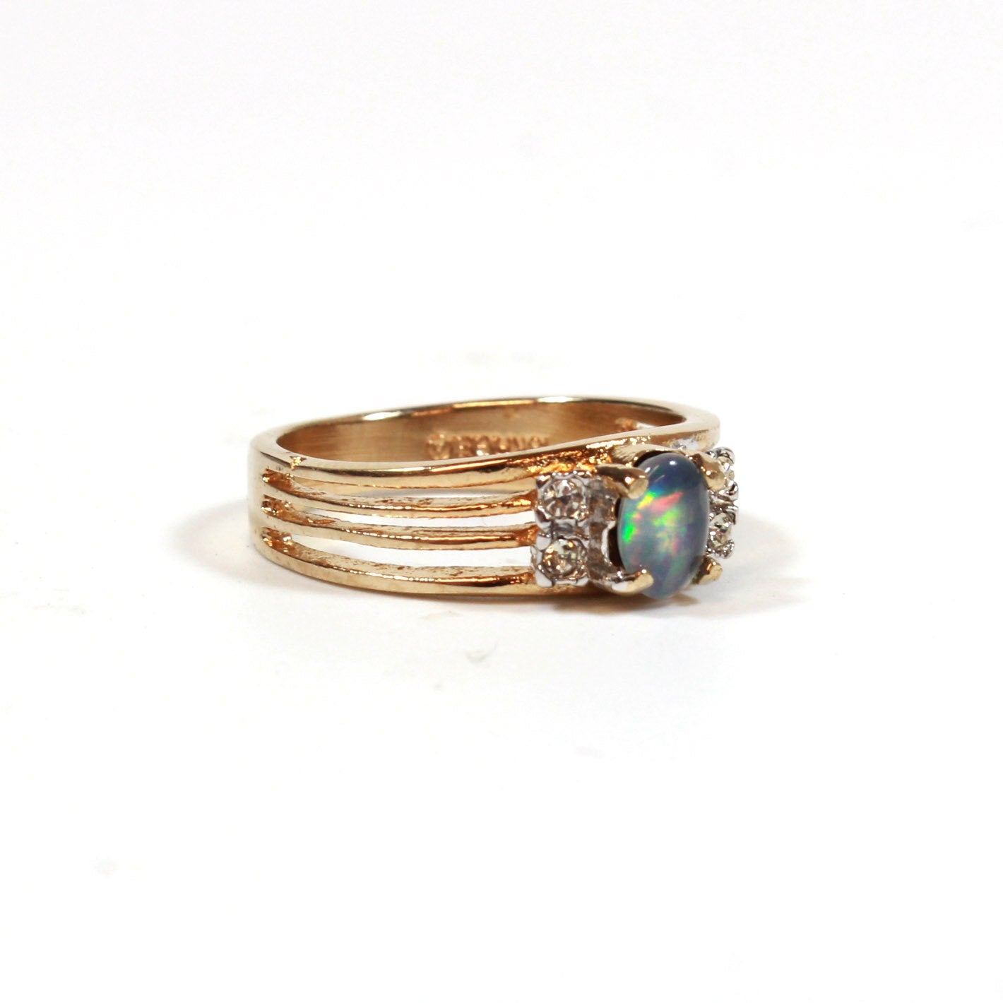 Vintage Genuine Triplet Opal Ring with Austrian Crystal Accents - 18k Gold Plated jewelry image 1
