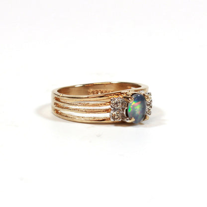 Vintage Genuine Triplet Opal Ring with Austrian Crystal Accents - 18k Gold Plated jewelry image 1