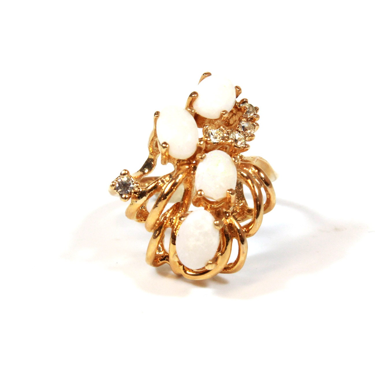 Vintage Genuine Opal Cluster Cocktail Ring with Austrian Crystals - 18k Gold Plated jewelry image 1