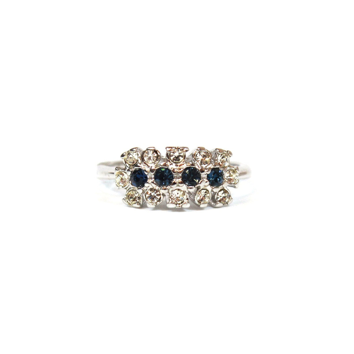 Vintage 1970s Sapphire and Clear Austrian Crystal Cluster Ring - 18k White Gold Plated jewelry image 1