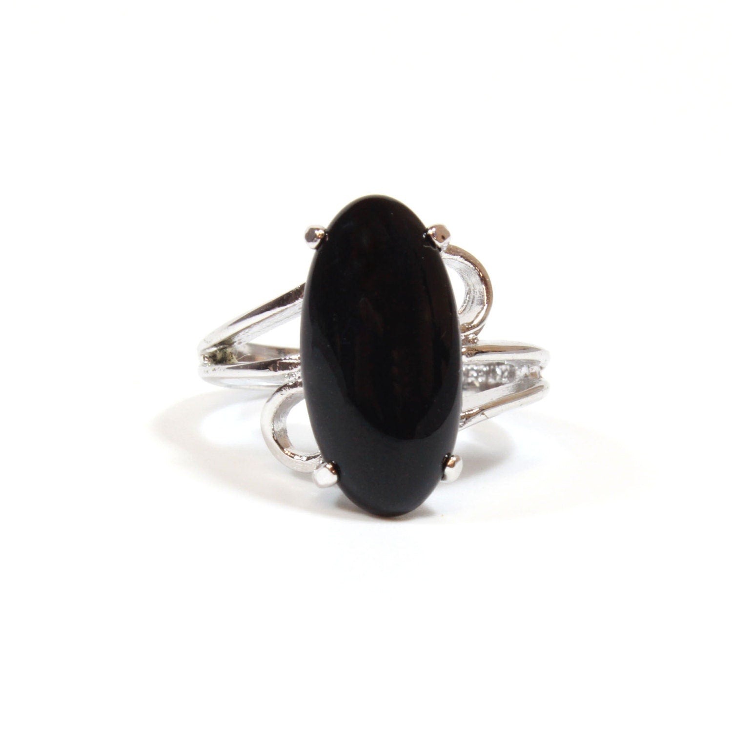 Vintage Genuine Onyx Oval Cocktail Ring – 18k White Gold Electroplated, Made in USA jewelry image 1