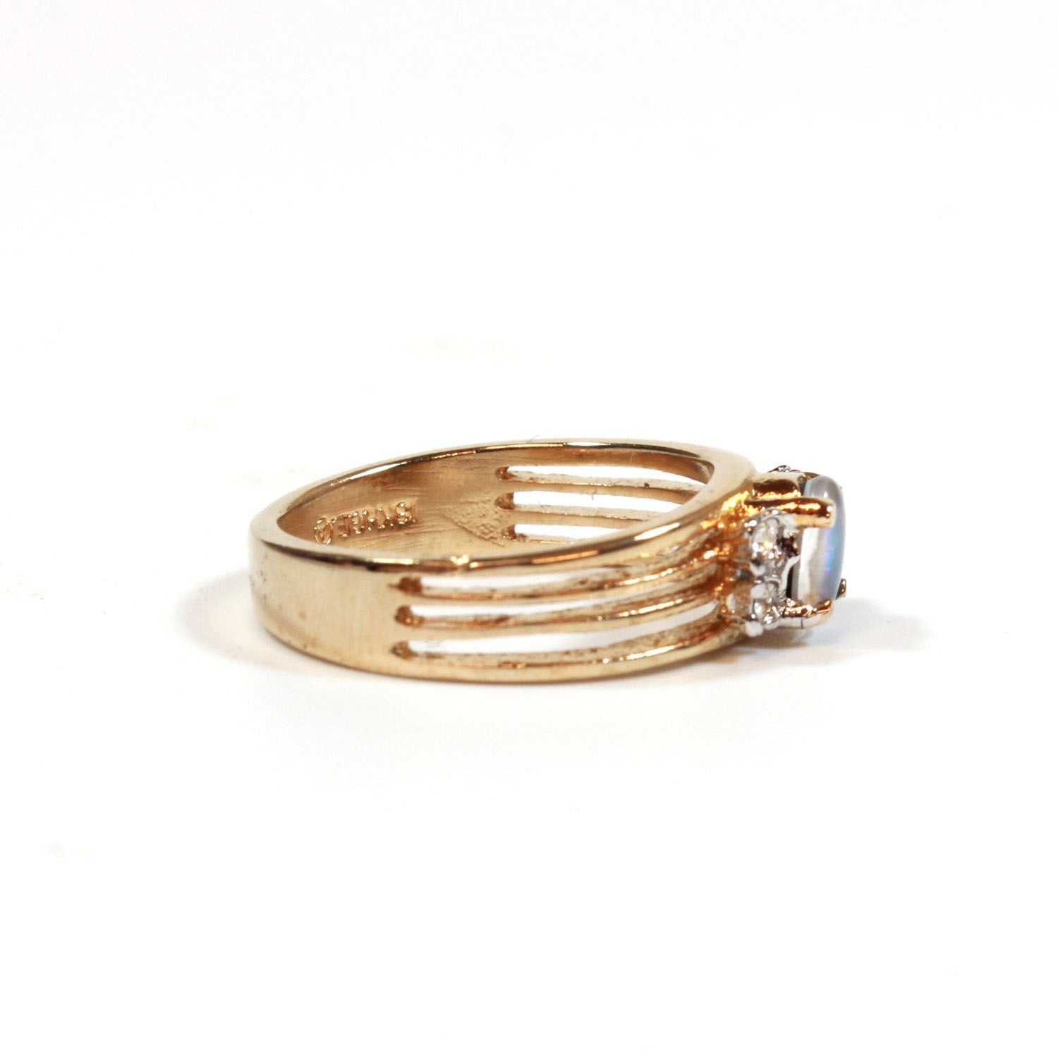 Vintage Genuine Triplet Opal Ring with Austrian Crystal Accents - 18k Gold Plated jewelry image 1