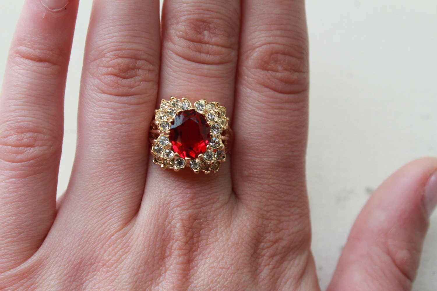 Vintage 1970s Ruby and Clear Austrian Crystal Victorian Style Ring - 18k Gold Electroplated jewelry image 1