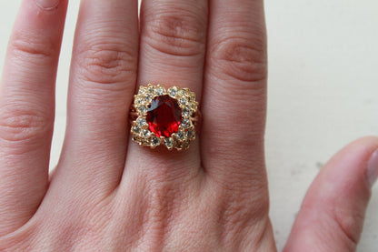 Vintage 1970s Ruby and Clear Austrian Crystal Victorian Style Ring - 18k Gold Electroplated jewelry image 1