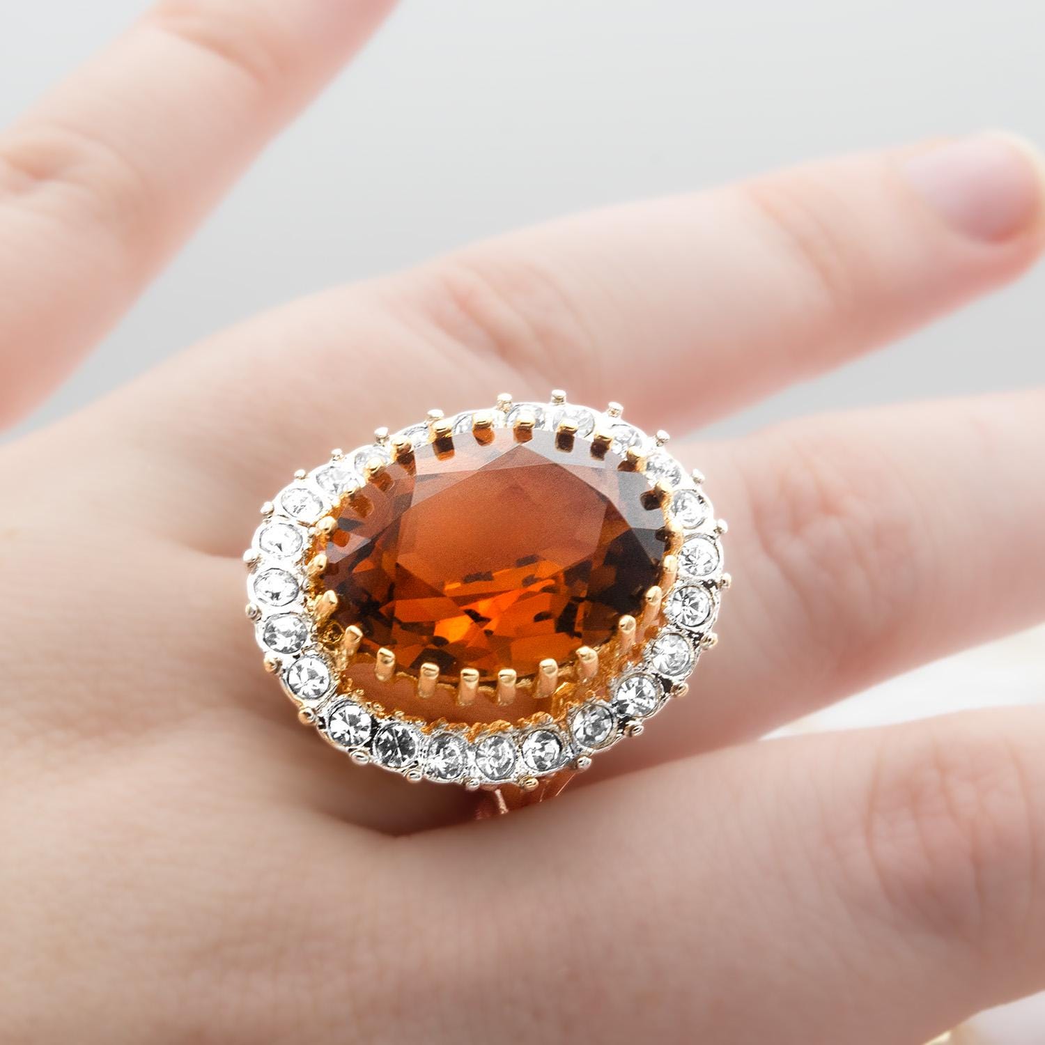 Vintage Light Topaz Austrian Crystal Cocktail Ring - 18k Gold Electroplated Statement Ring Made in USA jewelry image 1