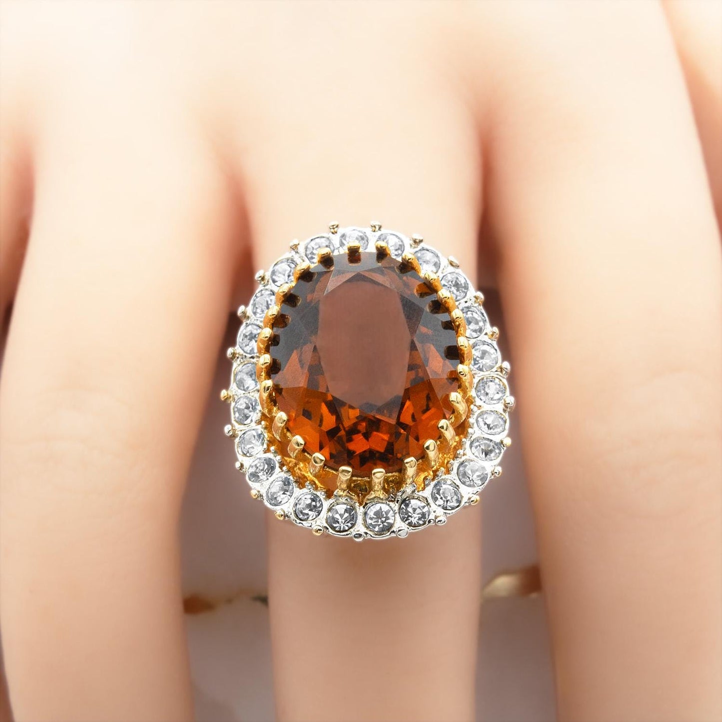 Vintage Light Topaz Austrian Crystal Cocktail Ring - 18k Gold Electroplated Statement Ring Made in USA jewelry image 1