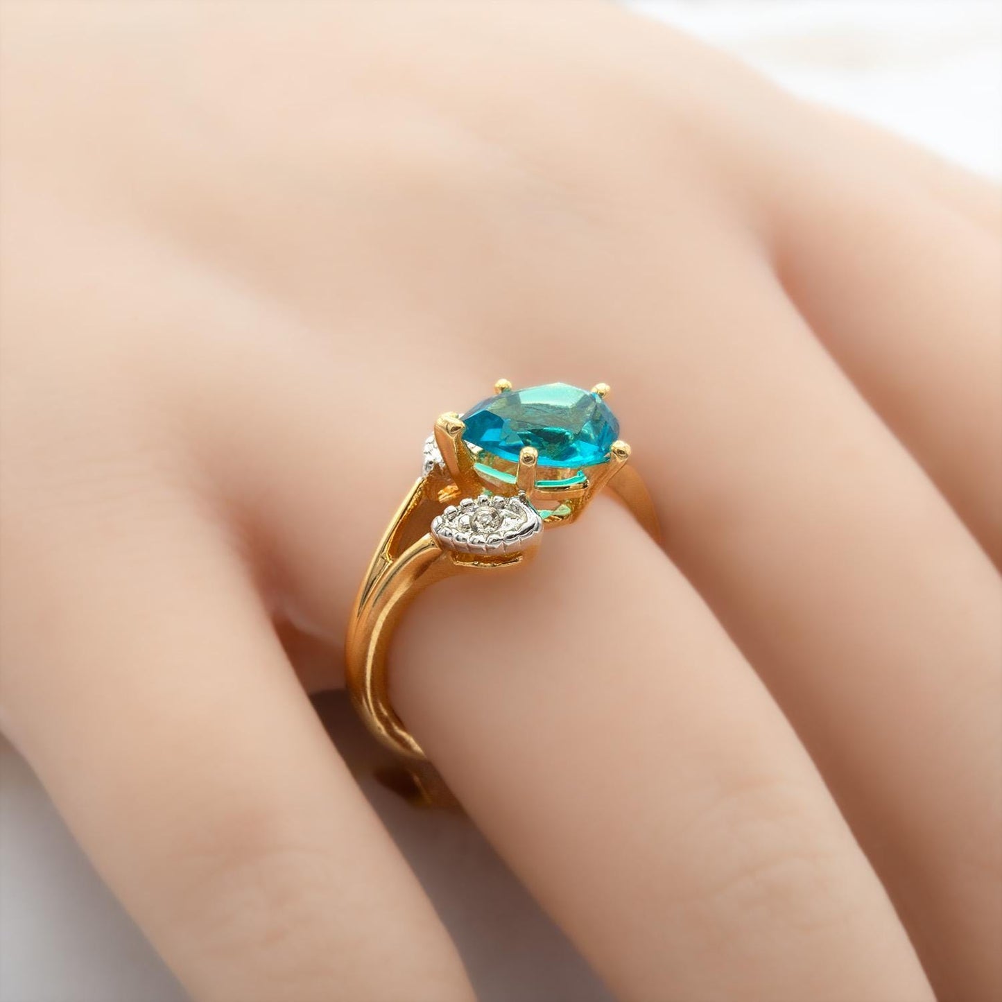 Vintage Blue Zircon Austrian Crystal Pear Cut Ring – 18k Gold Electroplated with Crystal Accents jewelry image 1