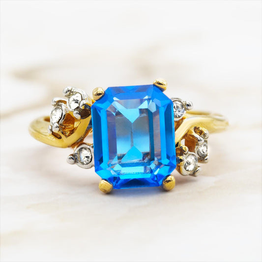 Vintage 1980s Austrian Crystal Blue Topaz Emerald Cut Ring - 18k Gold Electroplated jewelry image 1
