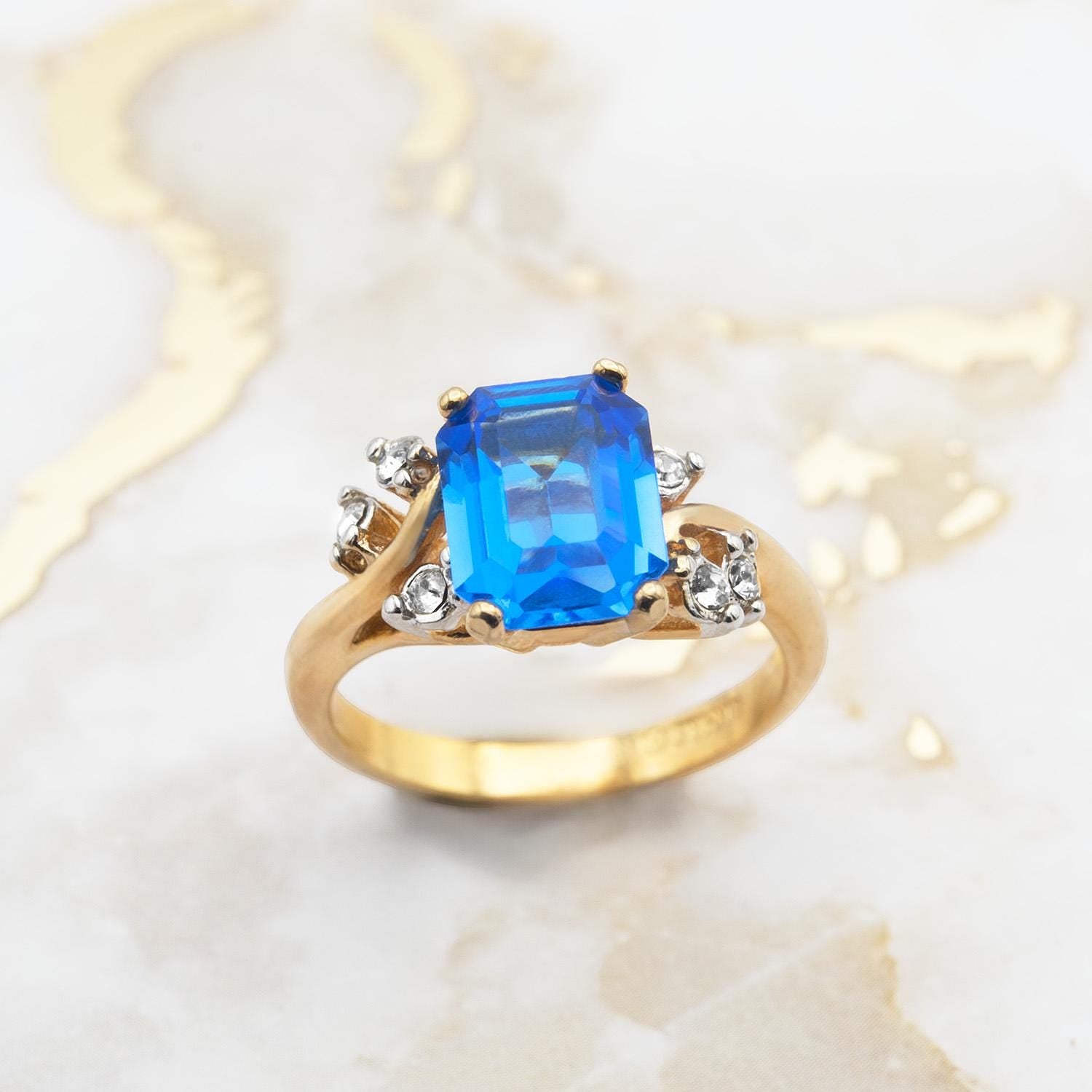 Vintage 1980s Austrian Crystal Blue Topaz Emerald Cut Ring - 18k Gold Electroplated jewelry image 1