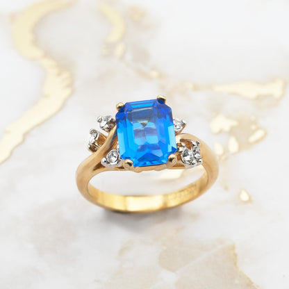 Vintage 1980s Austrian Crystal Blue Topaz Emerald Cut Ring - 18k Gold Electroplated jewelry image 1
