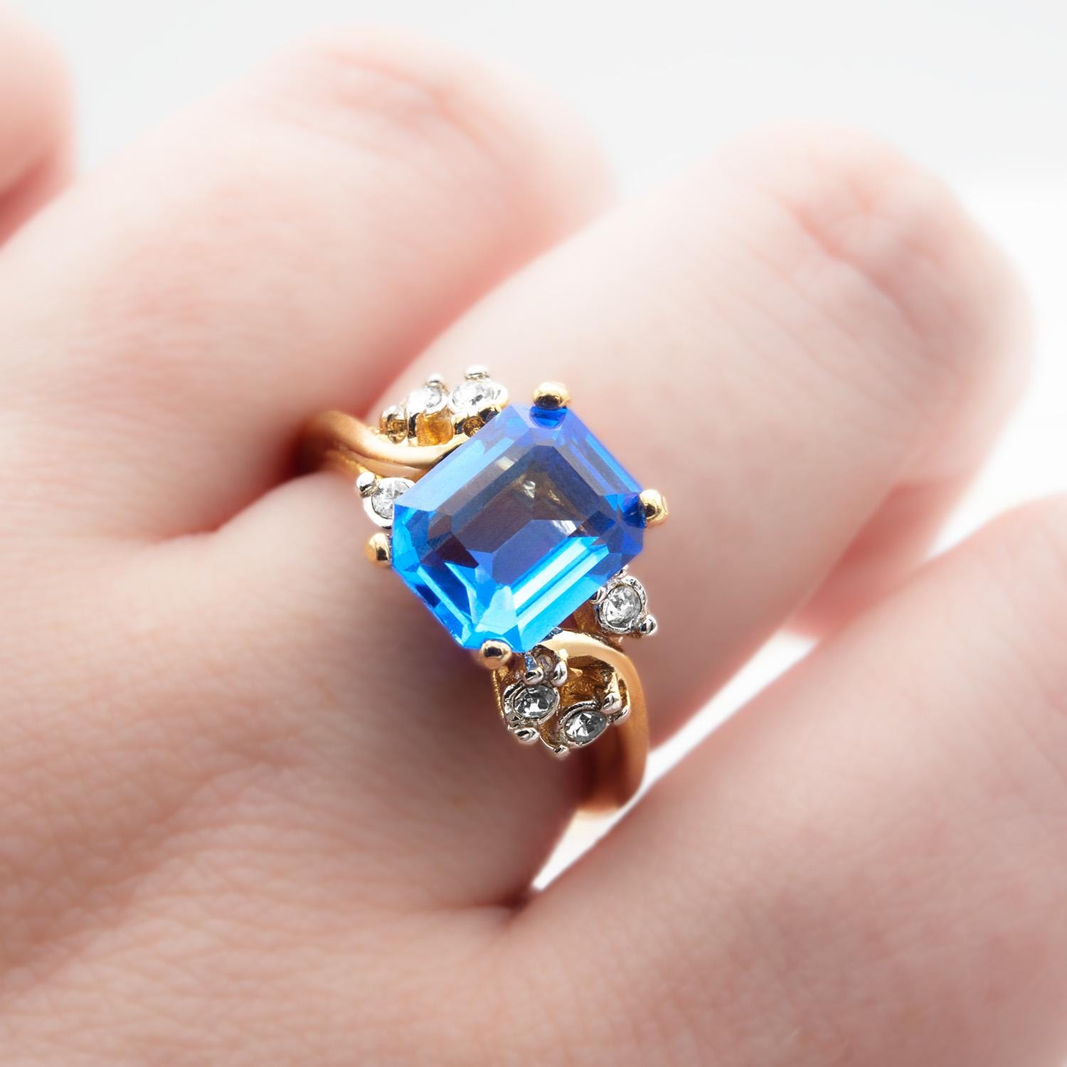 Vintage 1980s Austrian Crystal Blue Topaz Emerald Cut Ring - 18k Gold Electroplated jewelry image 1