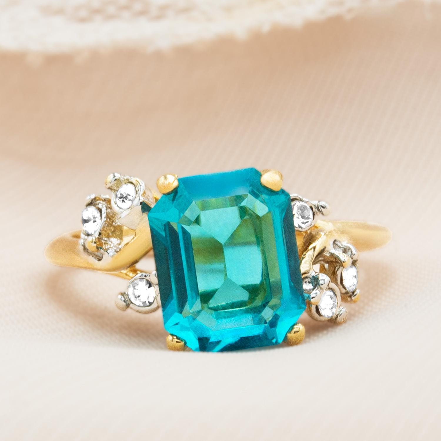 Vintage 1980s Austrian Crystal Zircon Emerald Cut Ring – 18k Gold Electroplated December Birthstone jewelry image 1