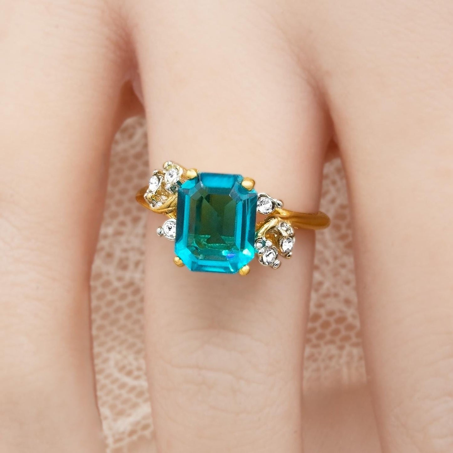 Vintage 1980s Austrian Crystal Zircon Emerald Cut Ring – 18k Gold Electroplated December Birthstone jewelry image 1