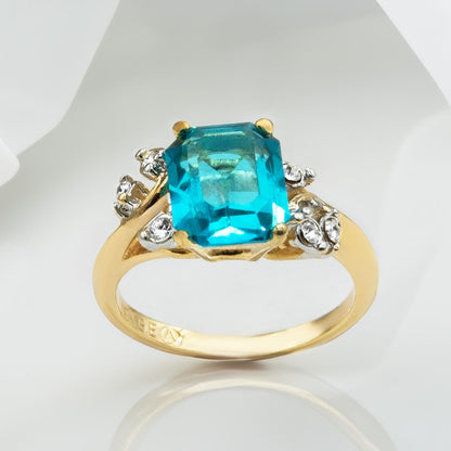 Vintage 1980s Austrian Crystal Zircon Emerald Cut Ring – 18k Gold Electroplated December Birthstone jewelry image 1