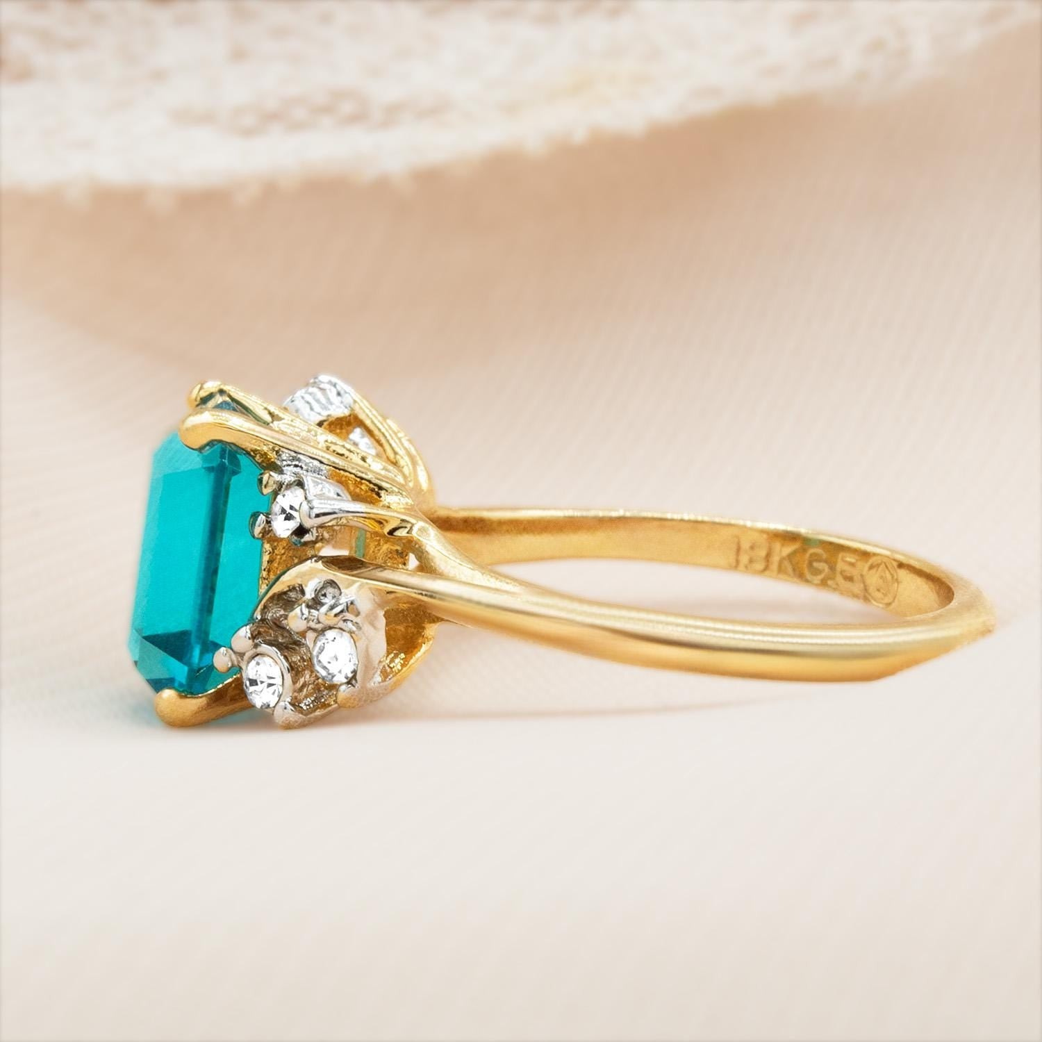 Vintage 1980s Austrian Crystal Zircon Emerald Cut Ring – 18k Gold Electroplated December Birthstone jewelry image 1