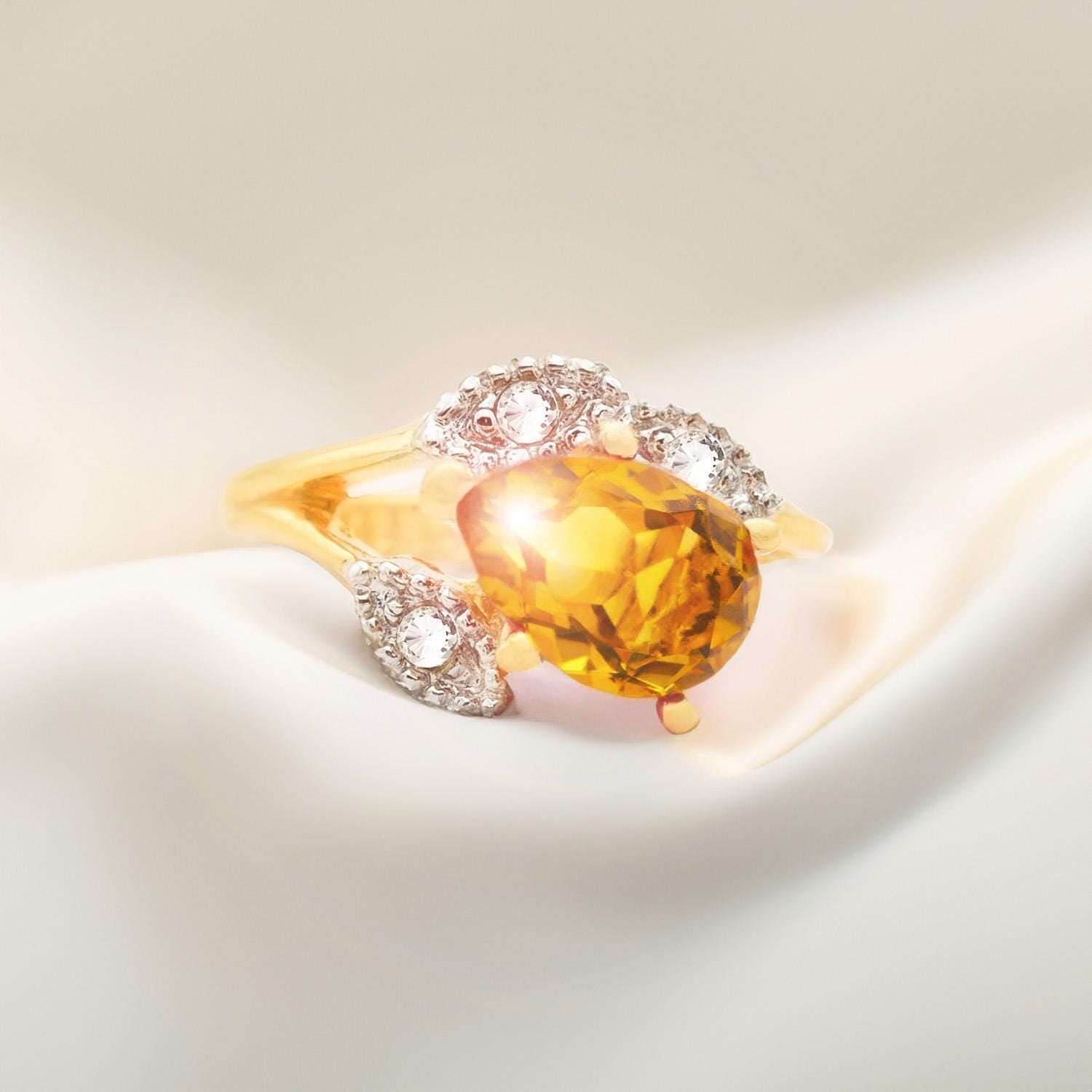 Vintage Light Topaz Austrian Crystal Pear Cut Ring - 18k Gold Electroplated with Clear Crystal Accents jewelry image 1