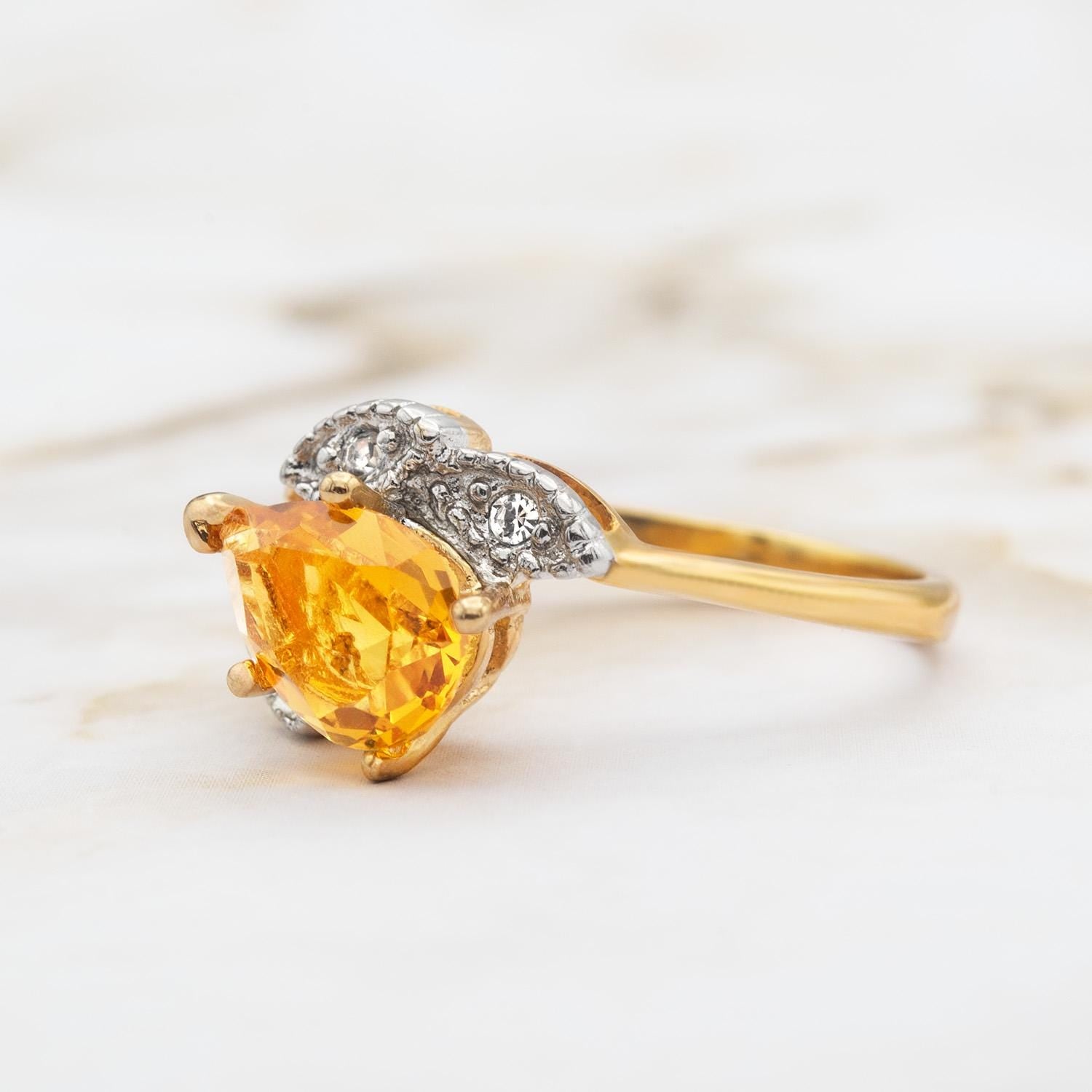 Vintage Light Topaz Austrian Crystal Pear Cut Ring - 18k Gold Electroplated with Clear Crystal Accents jewelry image 1