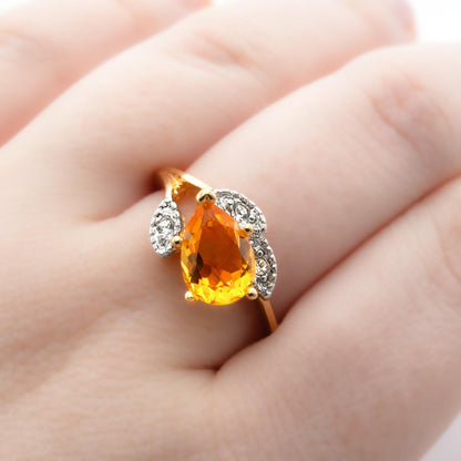 Vintage Light Topaz Austrian Crystal Pear Cut Ring - 18k Gold Electroplated with Clear Crystal Accents jewelry image 1