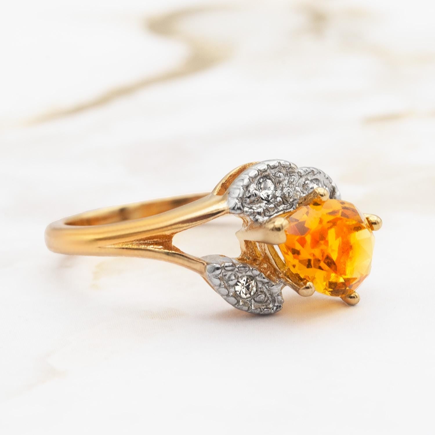Vintage Light Topaz Austrian Crystal Pear Cut Ring - 18k Gold Electroplated with Clear Crystal Accents jewelry image 1
