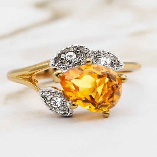 Vintage Light Topaz Austrian Crystal Pear Cut Ring - 18k Gold Electroplated with Clear Crystal Accents jewelry image 1