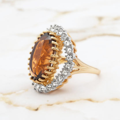 Vintage Light Topaz Austrian Crystal Cocktail Ring - 18k Gold Electroplated Statement Ring Made in USA jewelry image 1