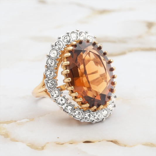 Vintage Light Topaz Austrian Crystal Cocktail Ring - 18k Gold Electroplated Statement Ring Made in USA jewelry image 1
