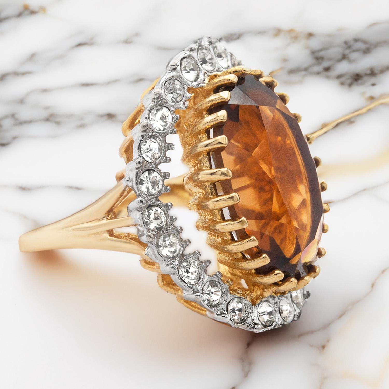 Vintage Light Topaz Austrian Crystal Cocktail Ring - 18k Gold Electroplated Statement Ring Made in USA jewelry image 1