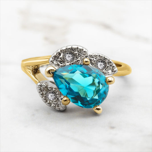 Vintage Blue Zircon Austrian Crystal Pear Cut Ring – 18k Gold Electroplated with Crystal Accents jewelry image 1