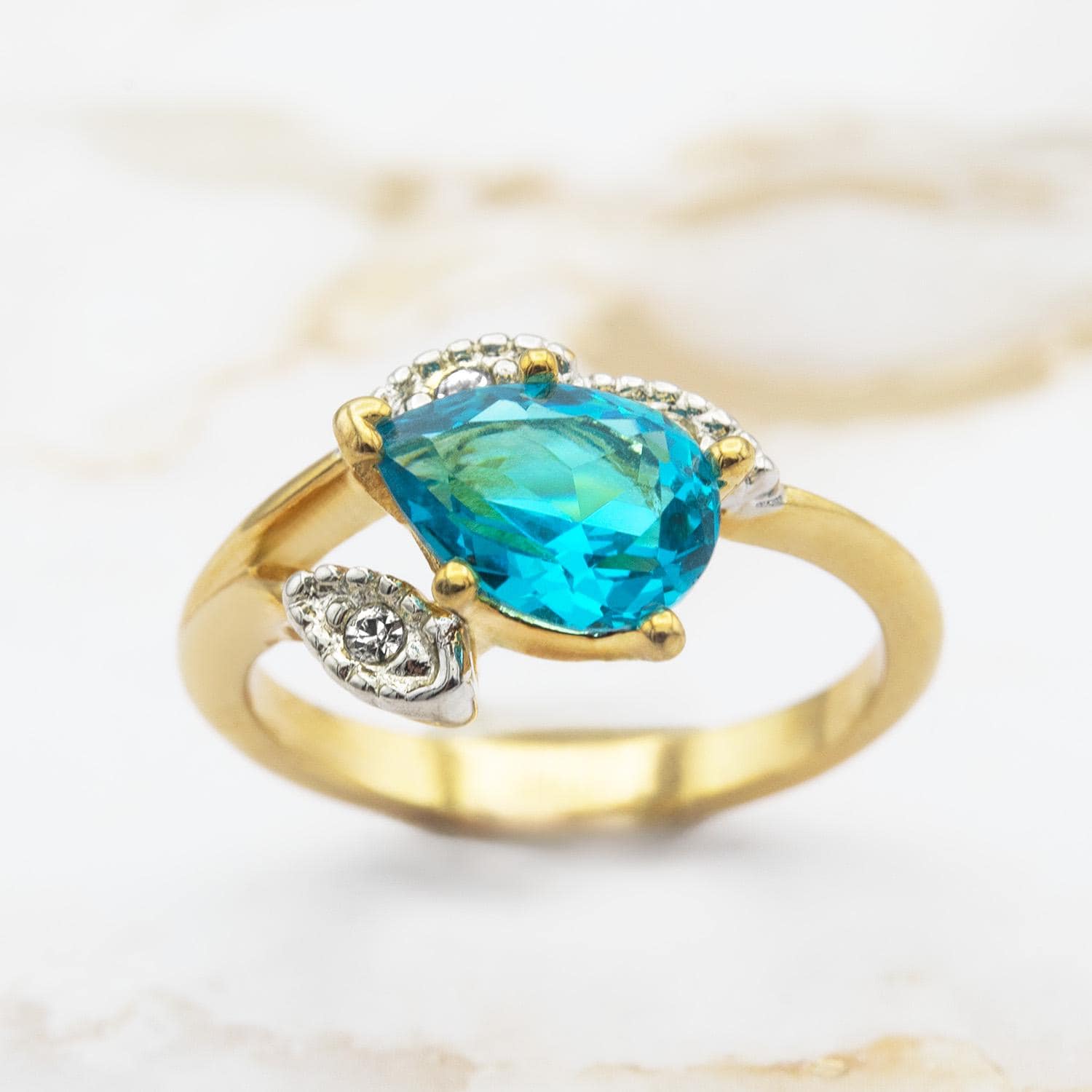 Vintage Blue Zircon Austrian Crystal Pear Cut Ring – 18k Gold Electroplated with Crystal Accents jewelry image 1