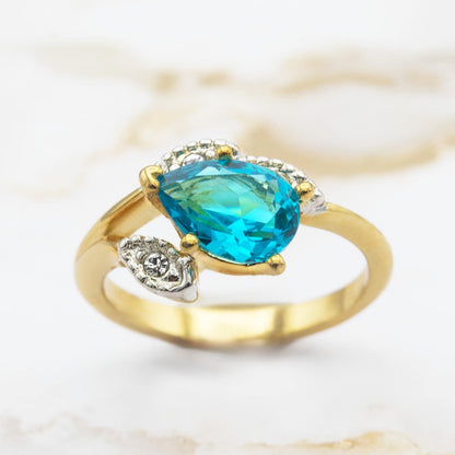 Vintage Blue Zircon Austrian Crystal Pear Cut Ring – 18k Gold Electroplated with Crystal Accents jewelry image 1